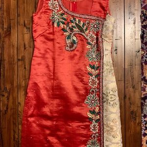 Full Indian Outfit in Pure Raw Silk in Orange & Gold